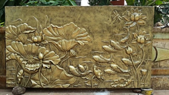 Phù điêu hoa sen | Tranh phù điêu hoa sen đắp nổi đẹp